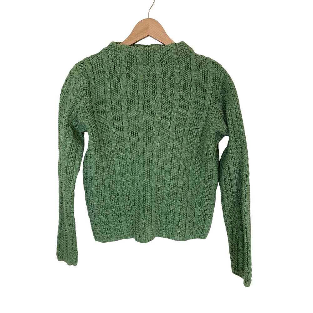 LL Bean Womens Green Cable Knit 100% Cotton Crew Neck Sweater Size M Regular